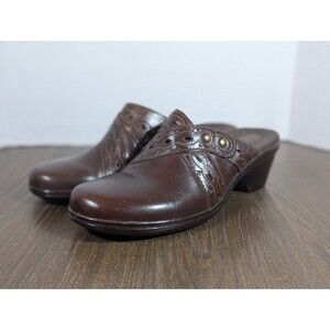 Clarks Leather Slip-on Mules Shoes Womens 7.5M Brown Western Stitching Studs